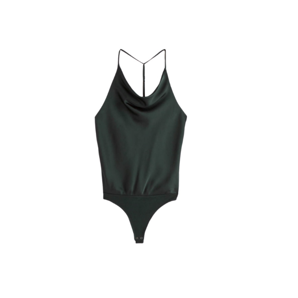 Satin Cowlneck T-Strap Back Bodysuit DARK GREEN